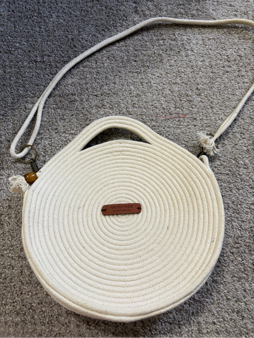 Handmade Cream Round Rope Crossbody Bag with Top Handle